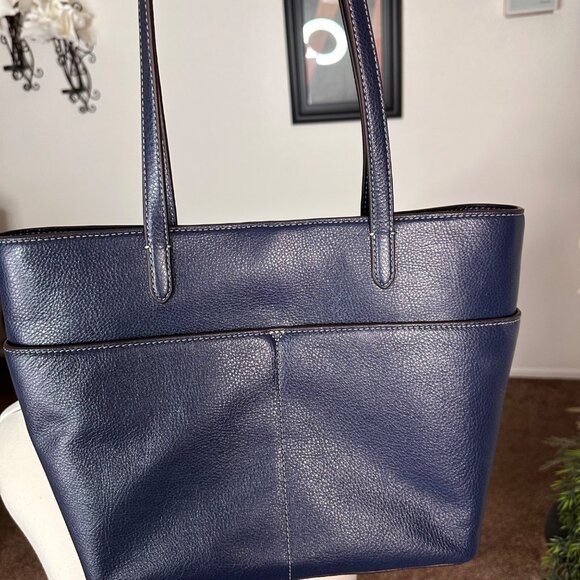 Michael Kors Logo Navy Blue Leather Tote Bag Purse | Dual Handles Front Pockets - Picture 2 of 15